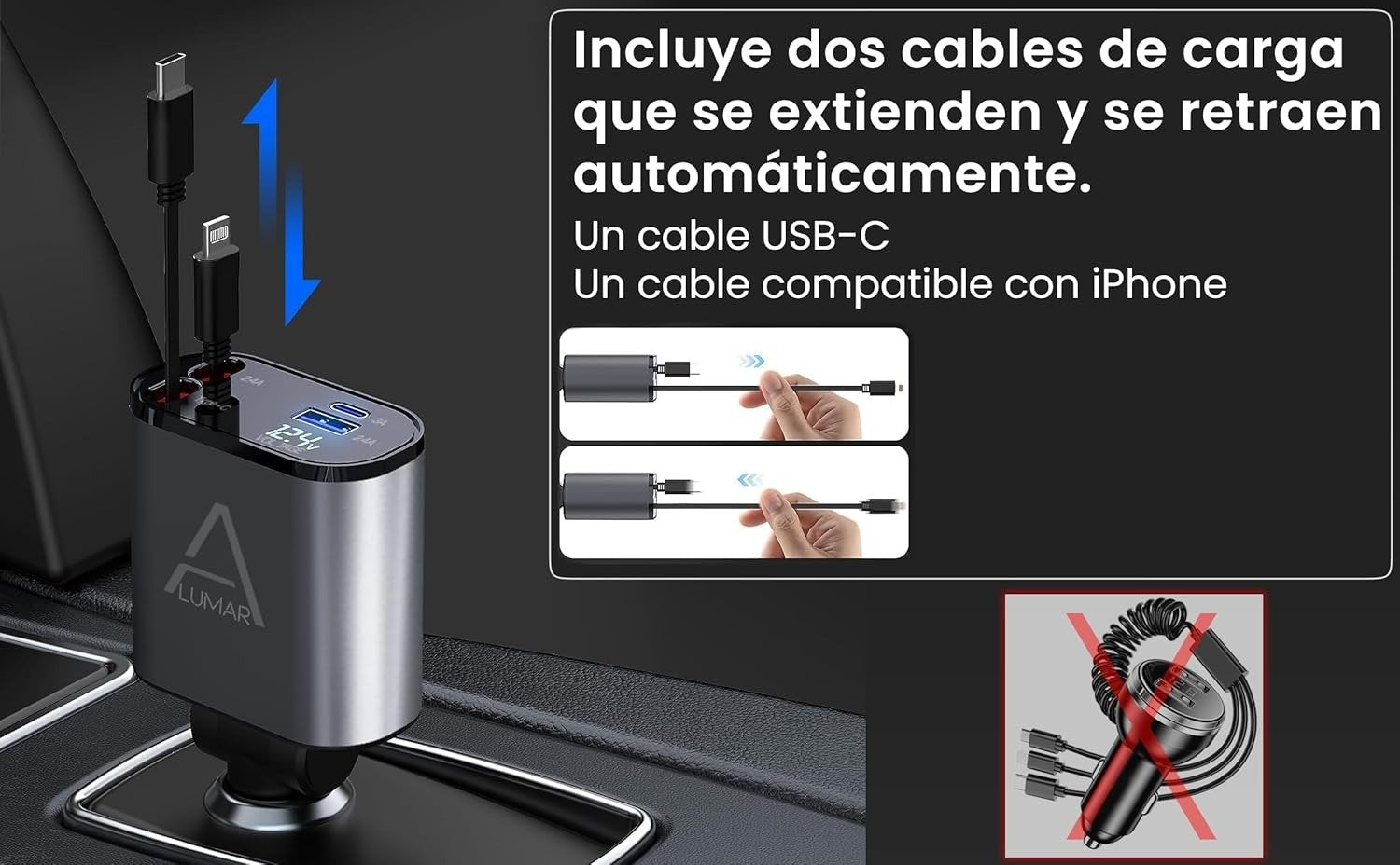 4 Fast Charging Ports with 80cm Retractable Cables